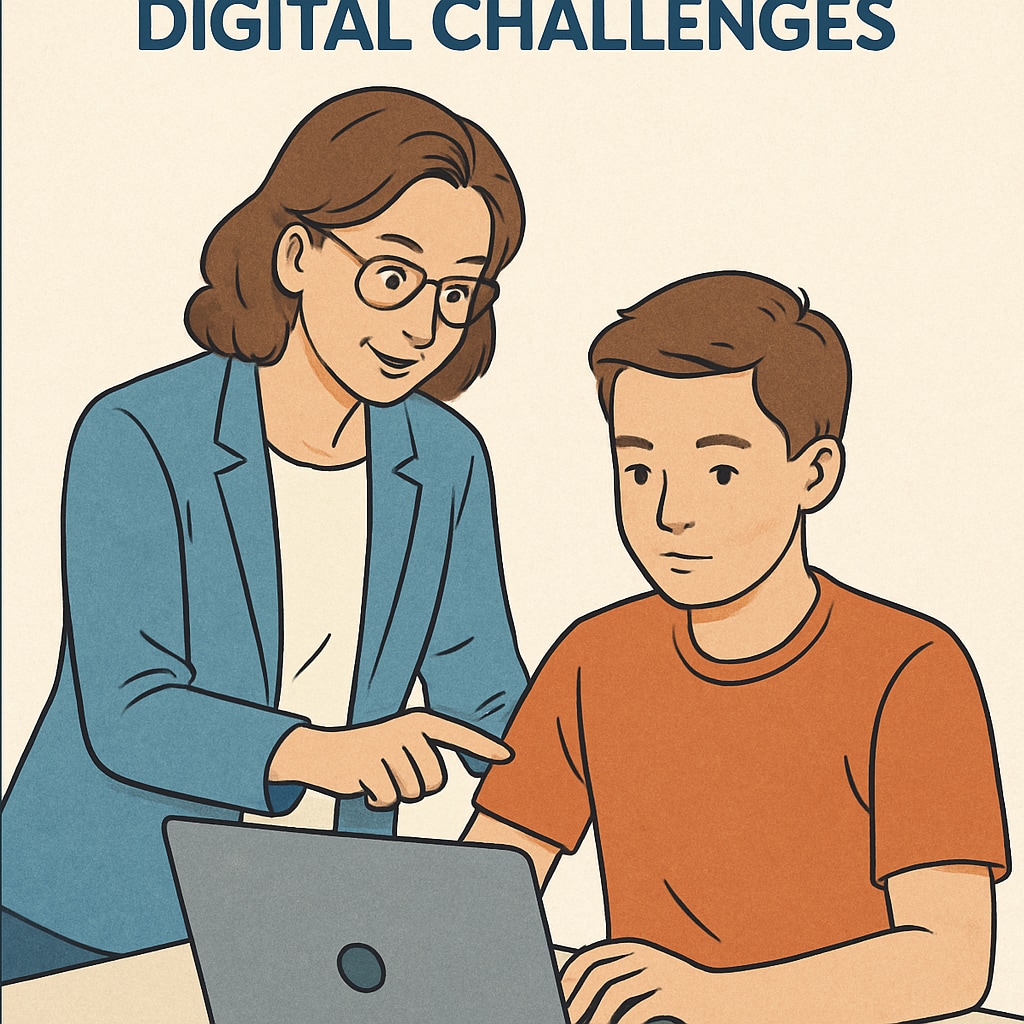 A close-up of a teacher guiding a student on a laptop, emphasizing the human role in navigating digital challenges. Teacher guiding a student on a laptop, highlighting the importance of human support in digital learning.
