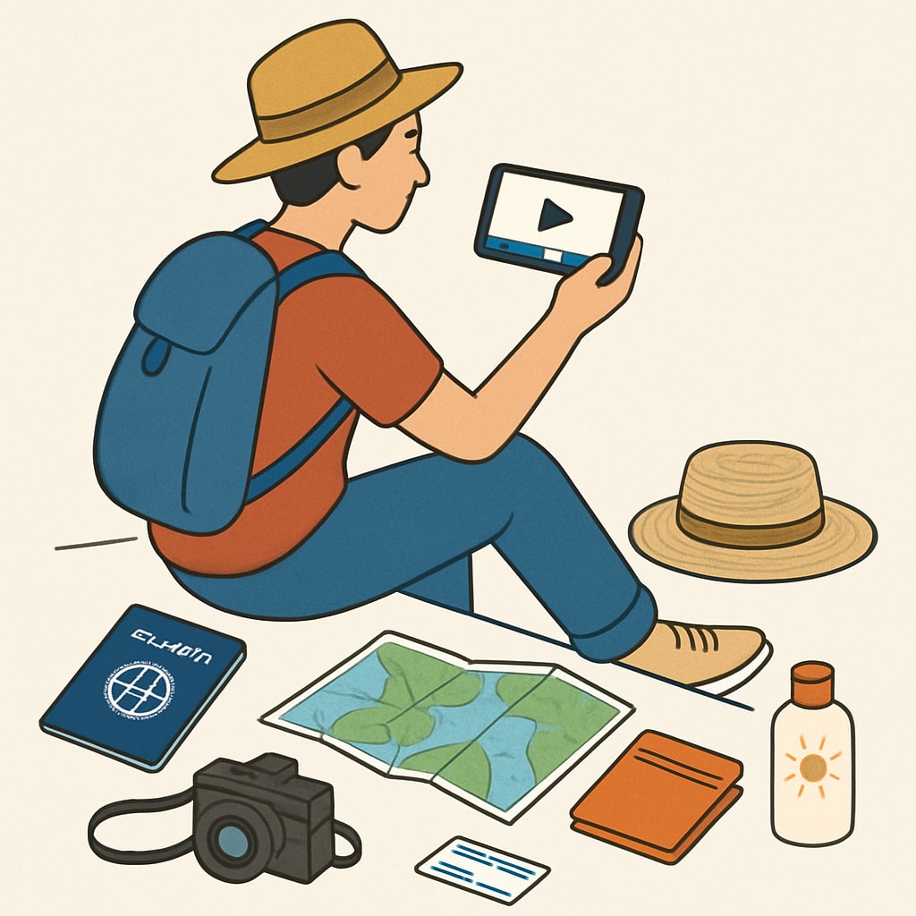 A vibrant image of a traveler watching a short video on their smartphone, surrounded by vacation-related items like a passport, camera, and map. A traveler engaging with