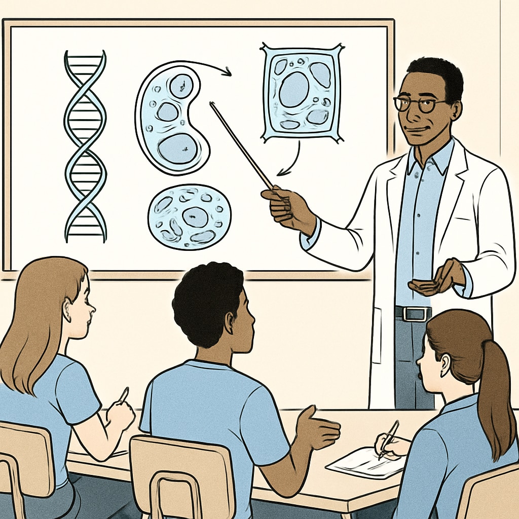 A classroom setting with a STEM educator teaching biology concepts to high school students. STEM educator teaching biology in a classroom.