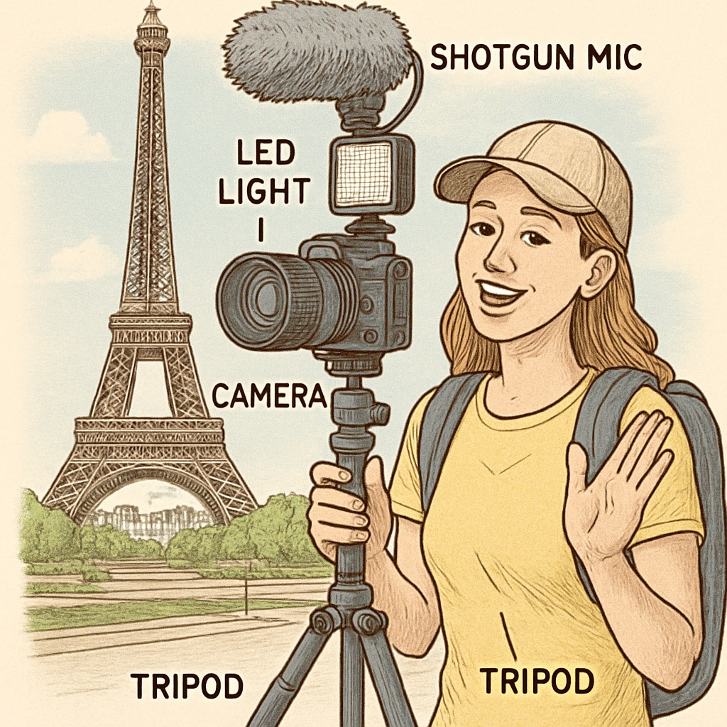 A snapshot of a travel influencer recording a short video in front of a historic landmark, such as the Eiffel Tower, with professional equipment in hand. Travel influencer creating content for