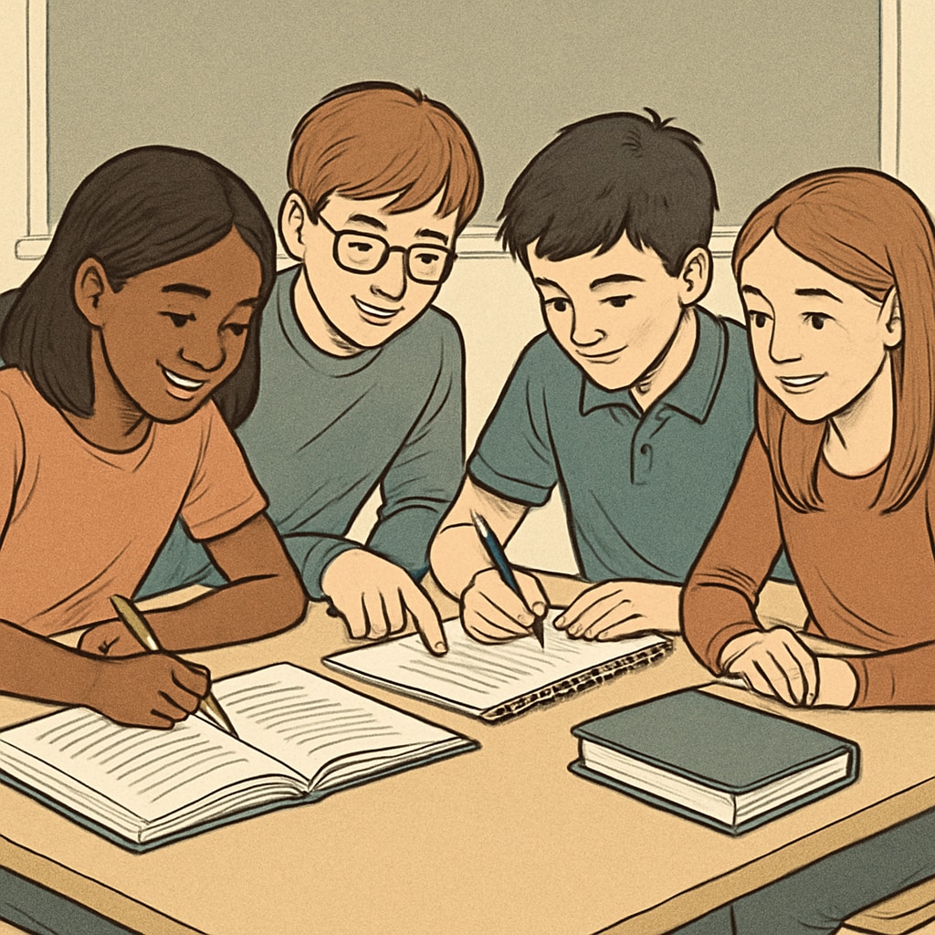 A group of middle school students engaged in a collaborative learning activity, symbolizing teamwork and academic motivation. Middle school students collaborating on a group project to enhance academic motivation.