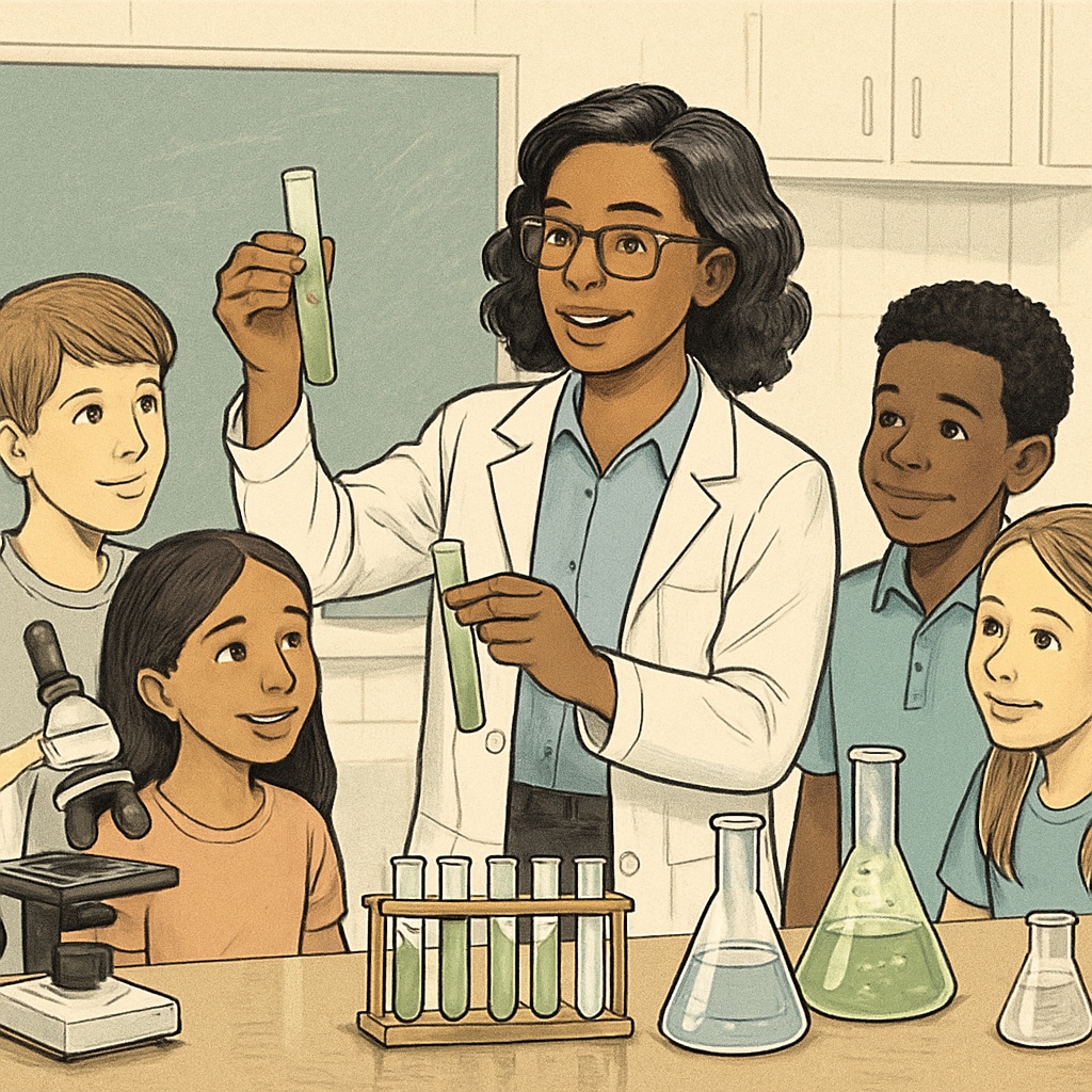 A STEM teacher demonstrating a biology experiment to students in a lab setting. STEM teacher conducting a biology experiment with students.