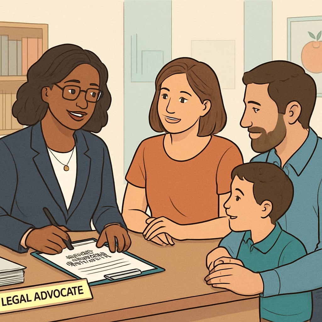 An advocate helping a family with school district transfer documents.