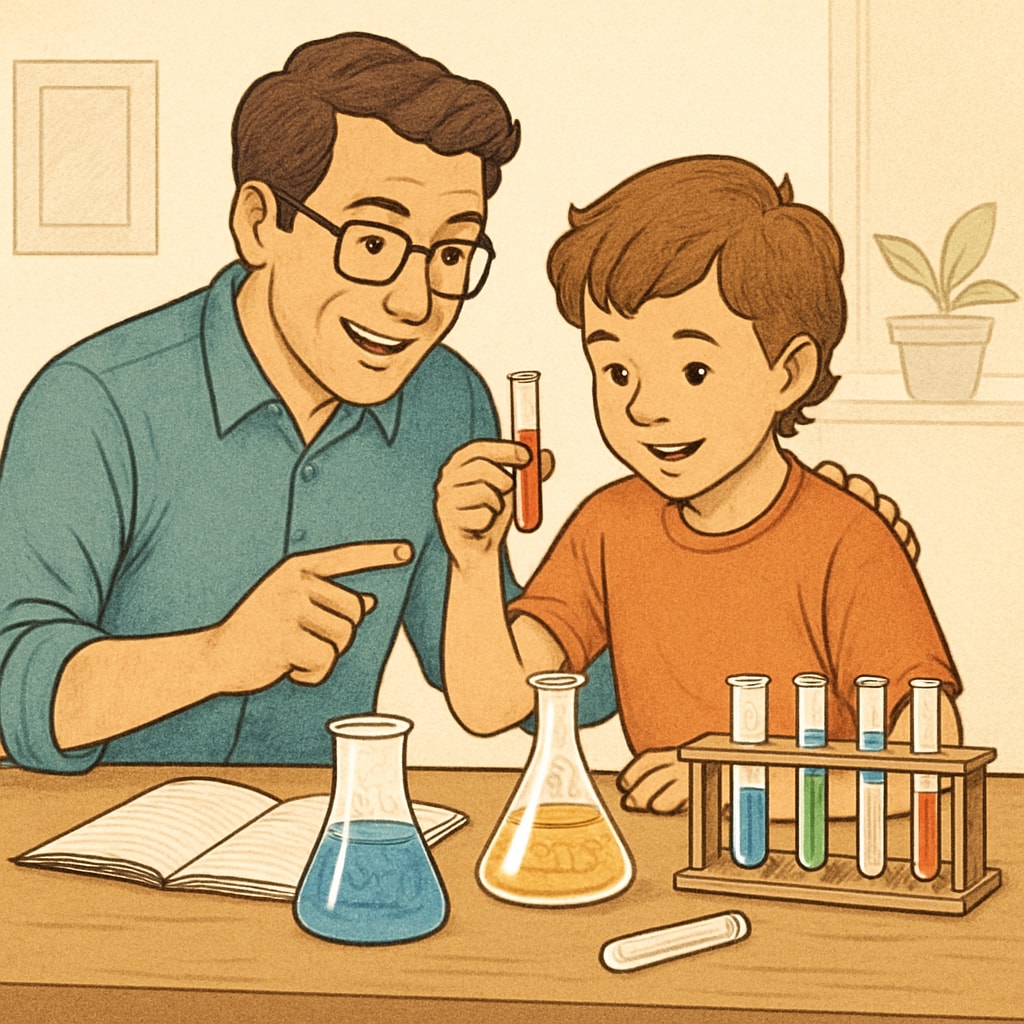 A parent guiding their child through a hands-on science experiment at home, emphasizing interest-driven education. Parent and child conducting a science experiment together to foster interest-based learning.