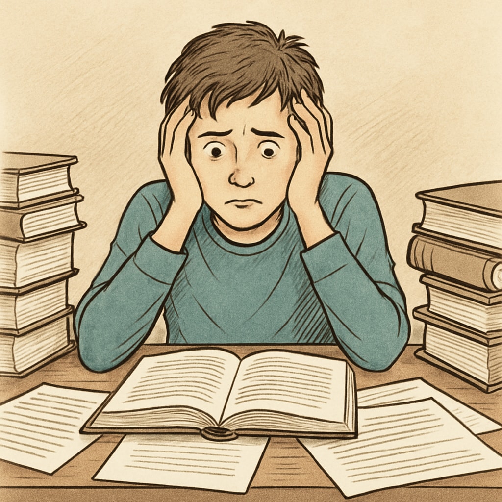 A teenager sitting at a desk, looking overwhelmed by homework, symbolizing academic challenges. Teenager facing academic challenges at a study desk.