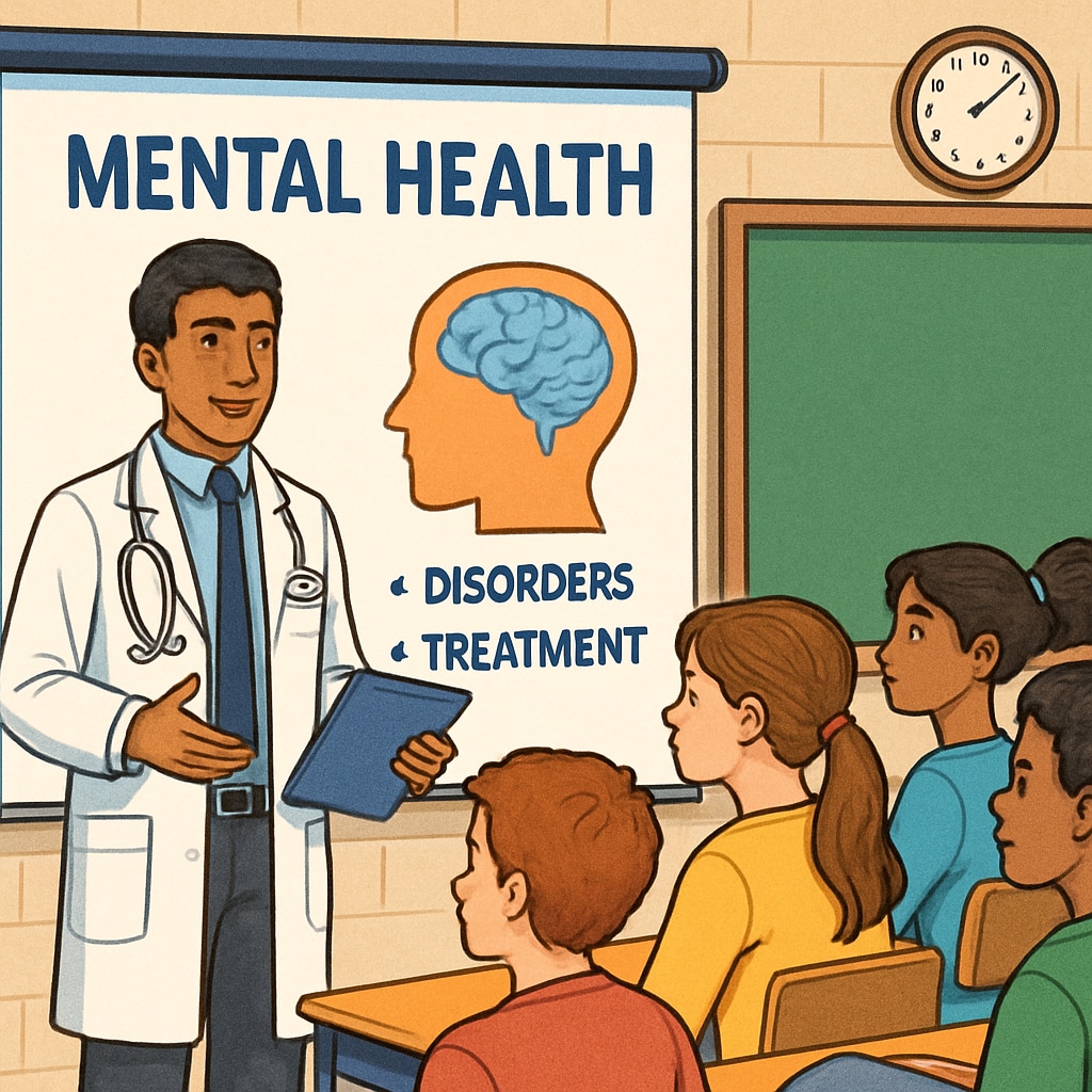 A medical student delivering a presentation on mental health to high school students.