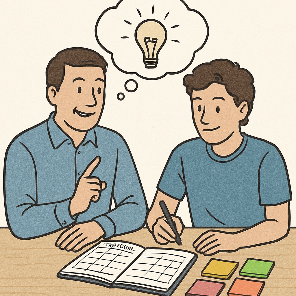 A parent and teenager brainstorming together, with a planner and colorful sticky notes visible, symbolizing family guidance. Family collaboration to improve teenage education and motivation.