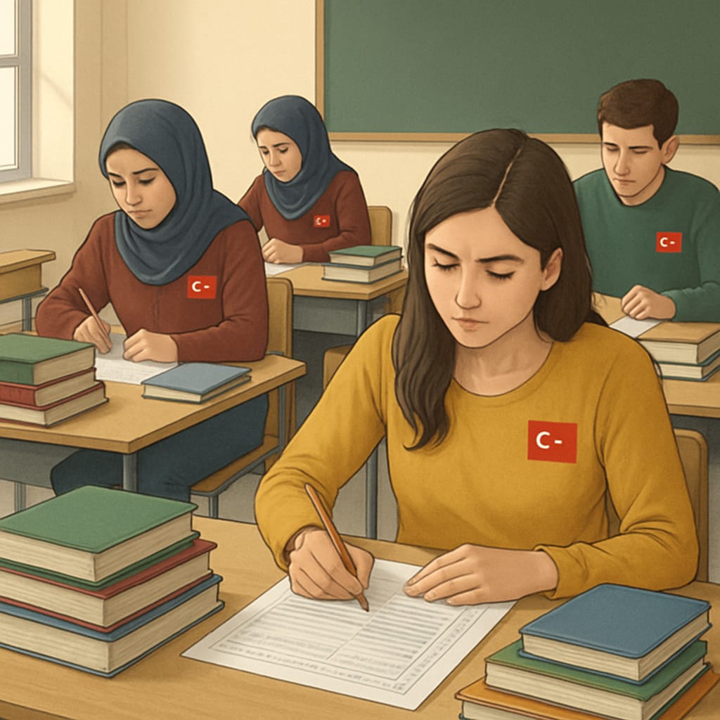 A classroom of Turkish students preparing for a standardized exam, with stacks of books and study materials on their desks. Turkish students preparing for a standardized exam, showcasing the exam-focused education system.