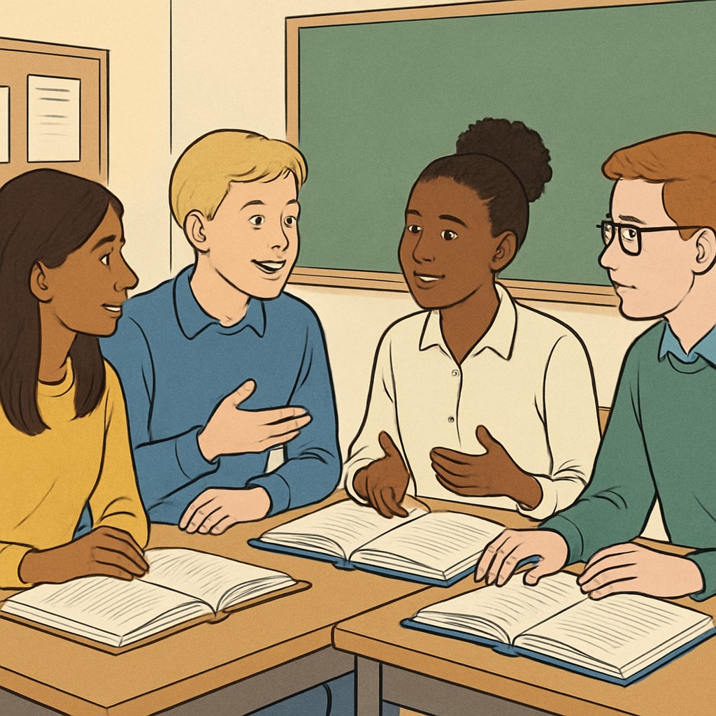A diverse group of UK students in a classroom, actively discussing a topic and referencing open textbooks. UK students engaging in classroom discussions, illustrating the flexibility of the A Levels model.