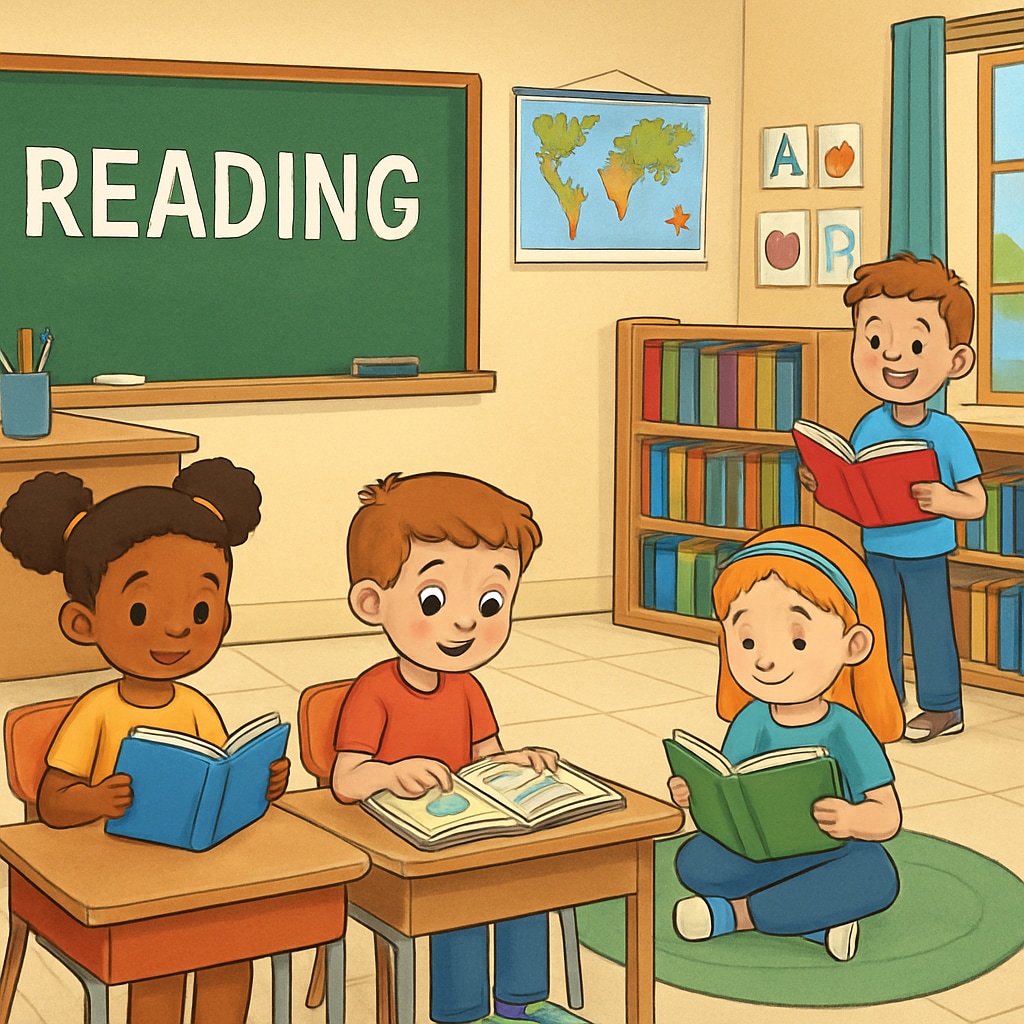 A colorful classroom setting where children are engaged in reading activities. Elementary students reading in a classroom, fostering comprehension and engagement.