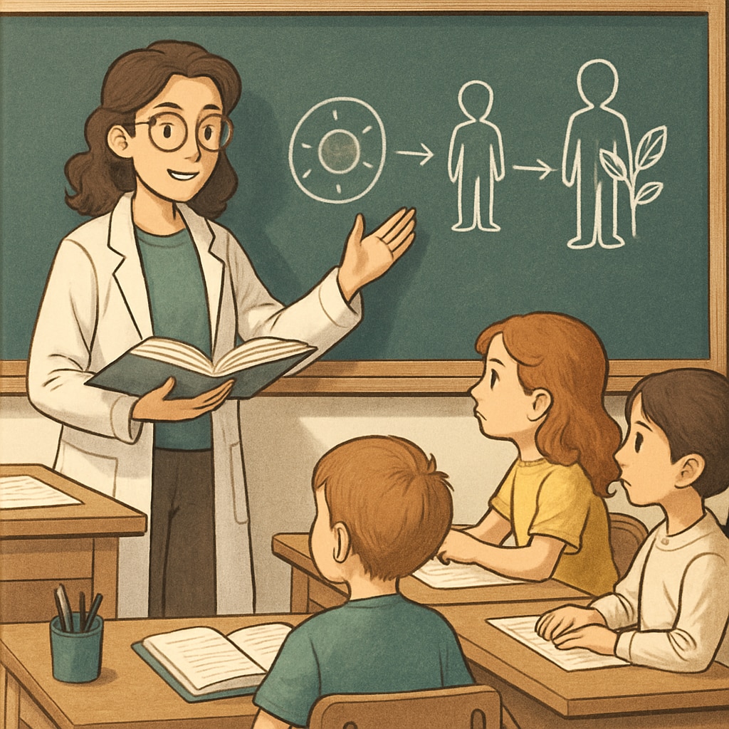 A biology student explaining a scientific concept to a group of children in a classroom setting. Biology student teaching children in a classroom.
