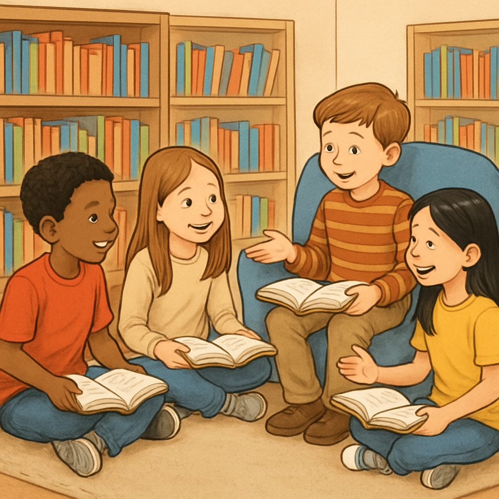 A group of elementary students participating in a book discussion in a cozy classroom corner. Elementary students discussing books in a relaxed reading space, encouraging shared learning.