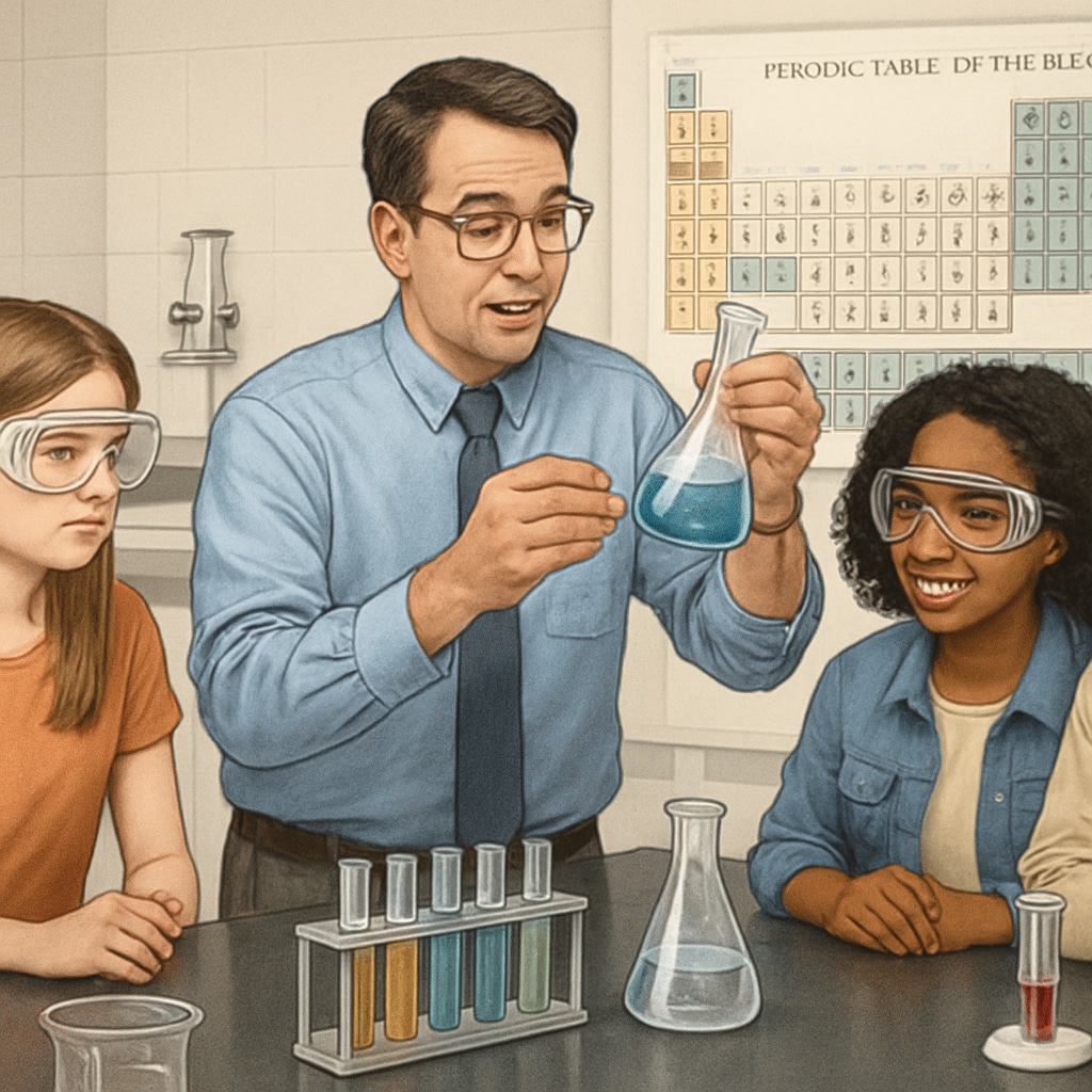 A teacher conducting a science experiment with students in a high school laboratory. Science teacher demonstrating an experiment in a lab.