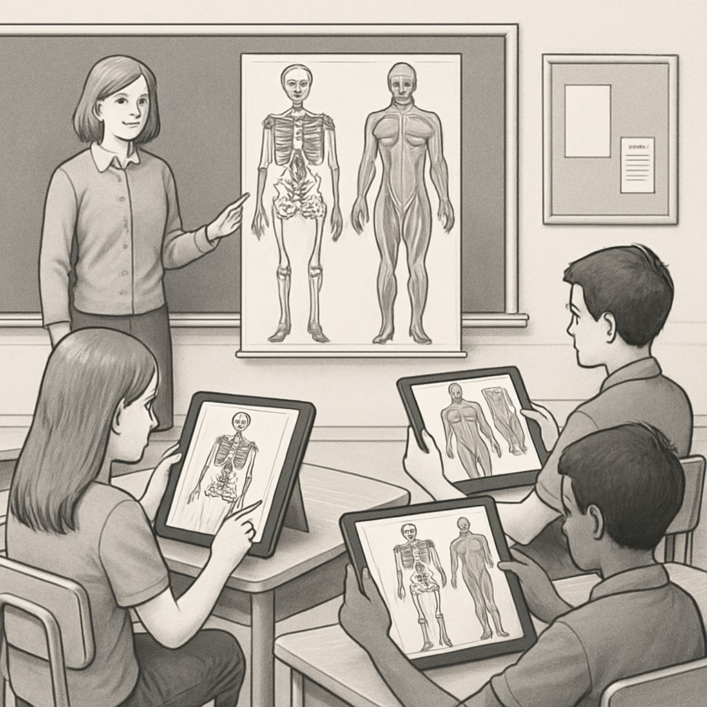 A classroom setting where students use interactive tablets to explore human anatomy. Students using tablets for human anatomy exploration