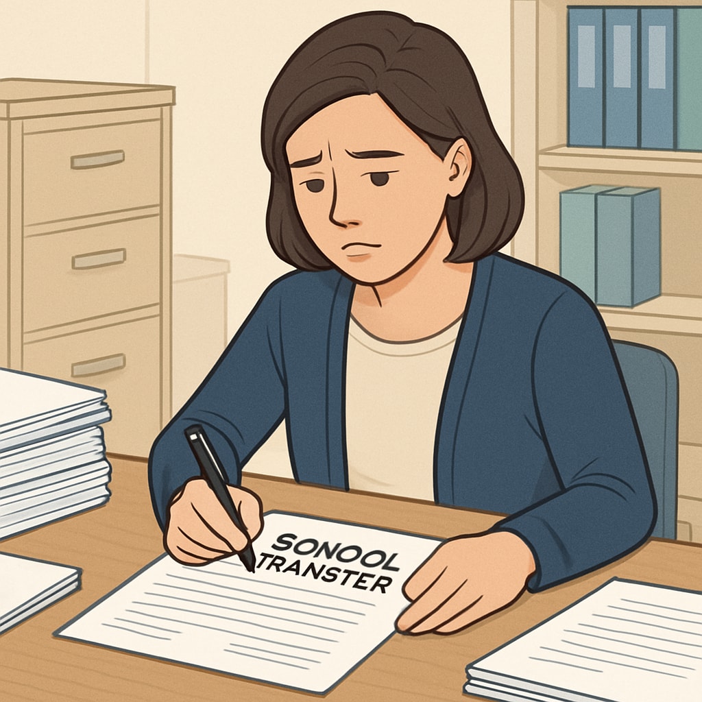 A concerned parent filling out paperwork for a child’s school transfer, symbolizing bureaucratic challenges. Parent completing school transfer forms for a special needs child, representing bureaucratic obstacles.