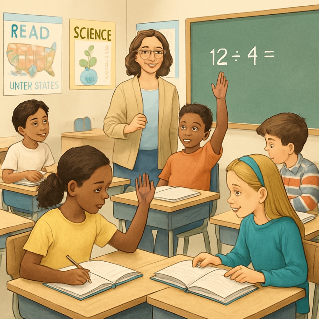 A classroom with diverse students actively engaging in a lesson, symbolizing the challenges and diversity of public schools. Students in a public school classroom engaging in a lesson, highlighting education voucher challenges.