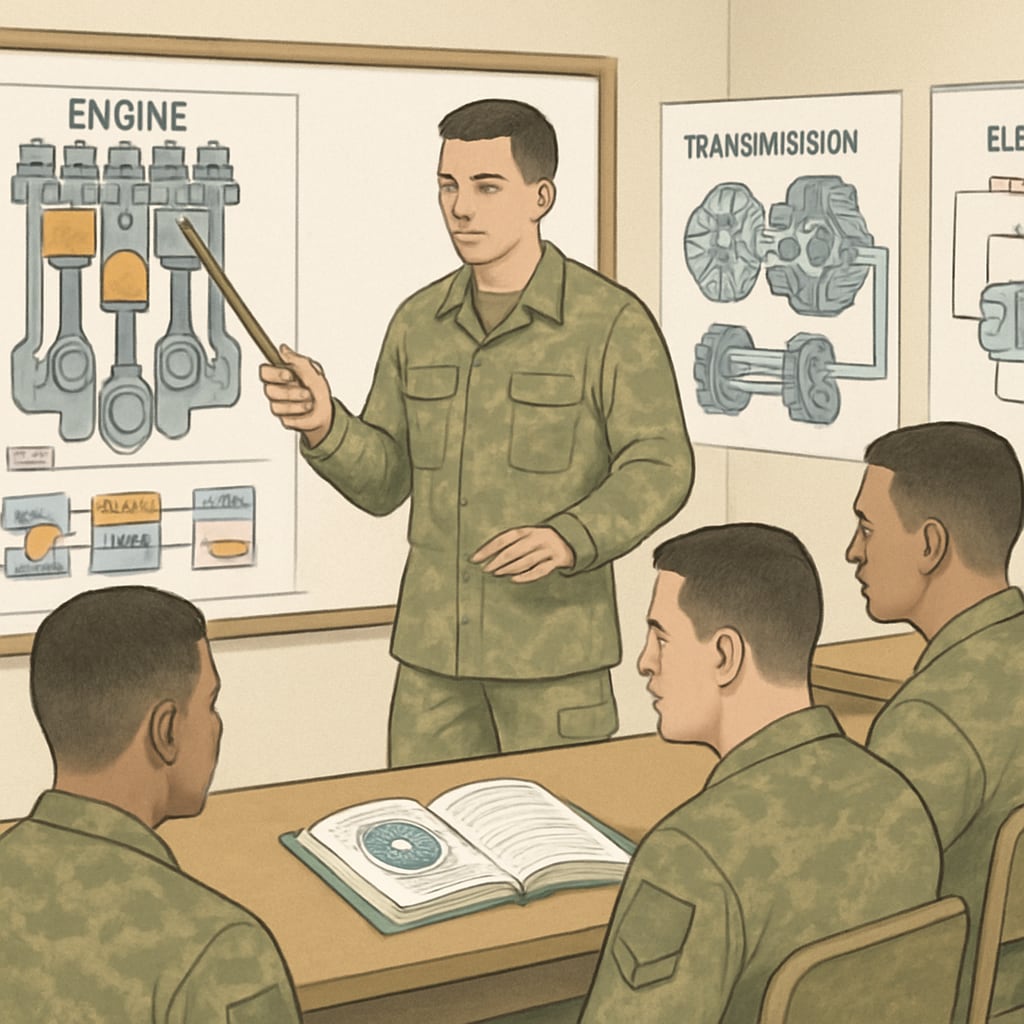 Military personnel studying automotive technology in a classroom setting.