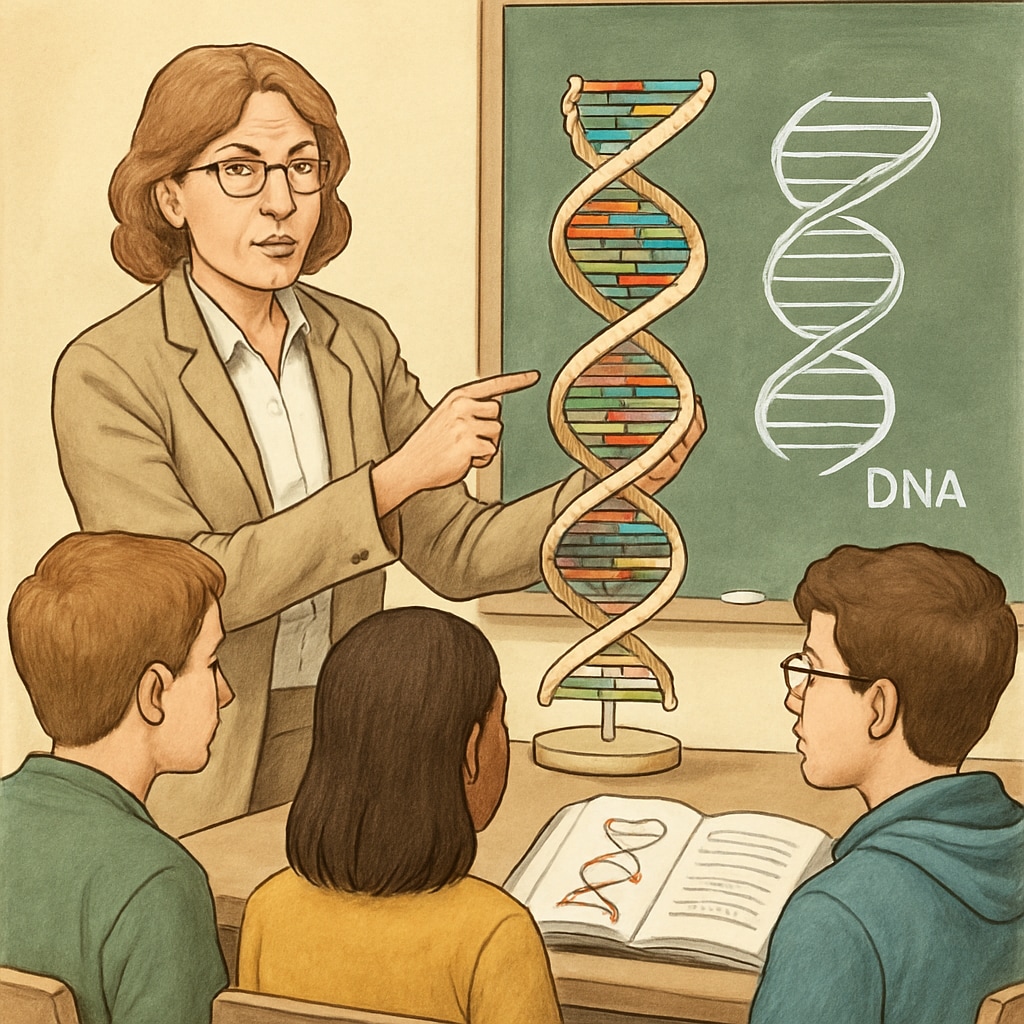 Biology teacher demonstrating DNA structure with a model.