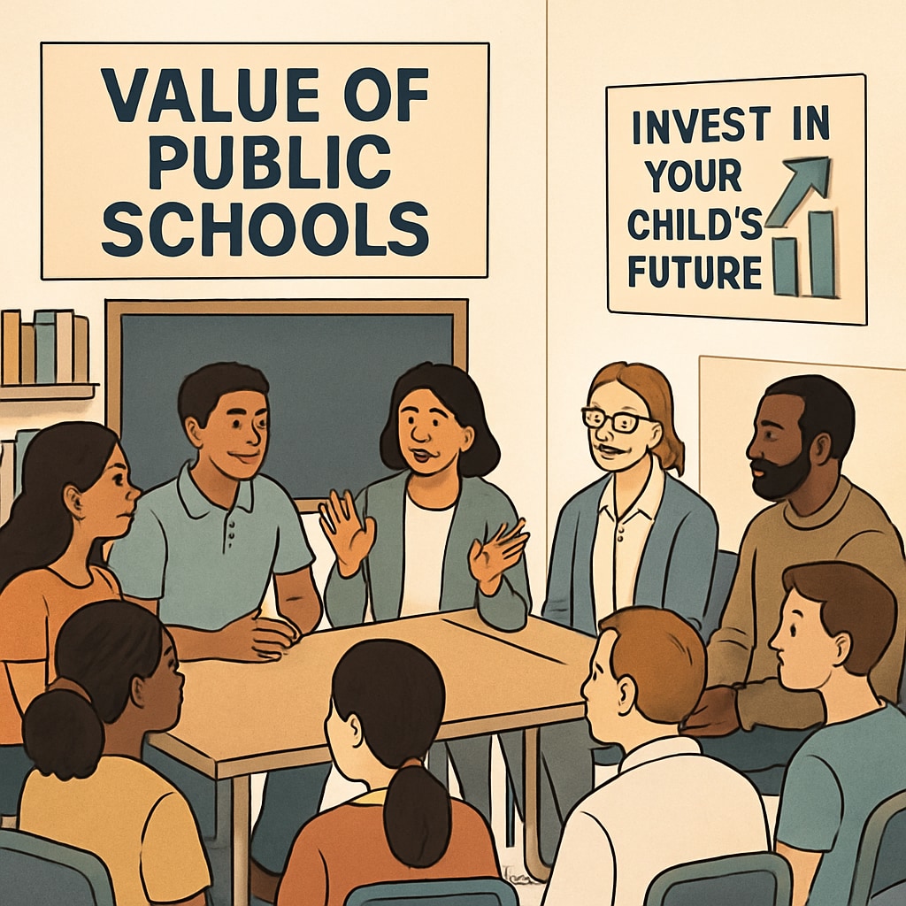 A PTA meeting or community event where parents and educators discuss the value of public schools, highlighting community engagement. Parents and educators in a PTA meeting discussing public school strategies amidst voucher expansion.