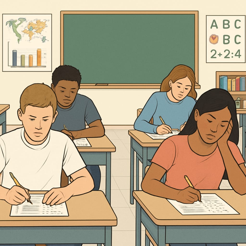 A classroom of students taking a standardized exam, illustrating the focus on academic results. Students in a classroom taking a standardized GCSE exam.