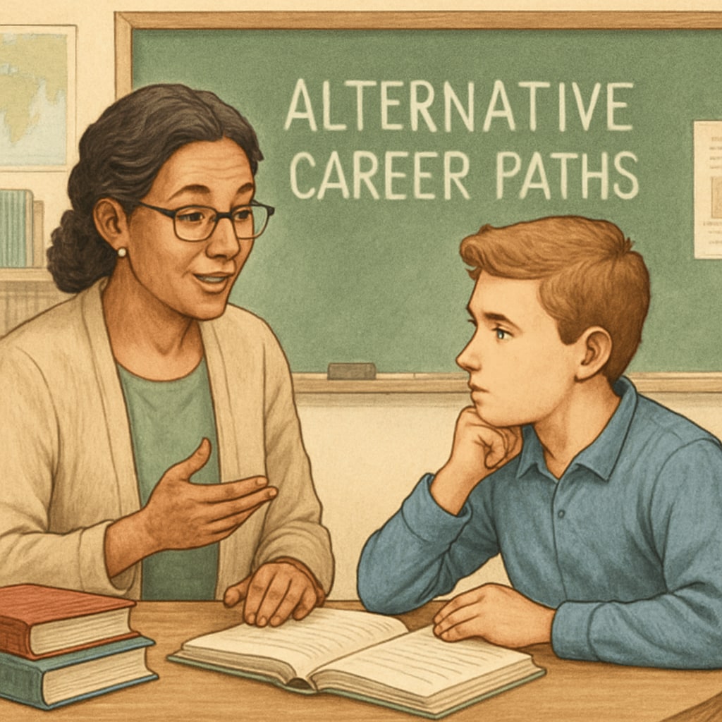 A supportive teacher discussing alternative career paths with a student, emphasizing holistic education. A teacher guiding a student on alternative career options beyond GCSE results.