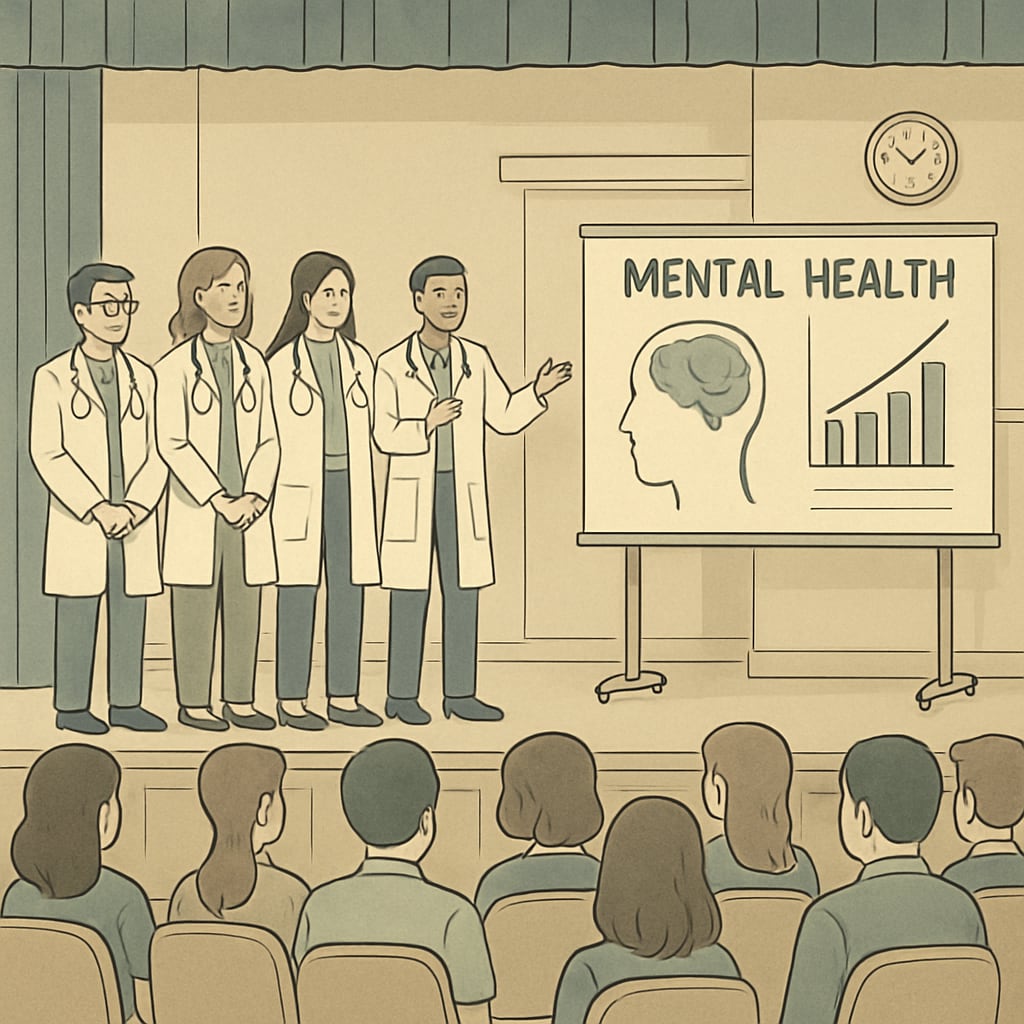 Medical students speaking to high school students during a mental health awareness assembly.