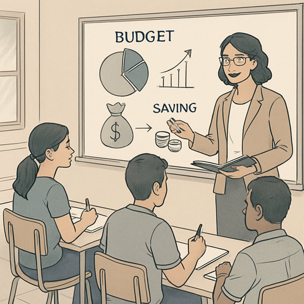 A teacher explaining financial concepts such as budgeting and saving in a classroom setting with engaged students. Classroom discussion about financial literacy, focusing on budgeting and saving.