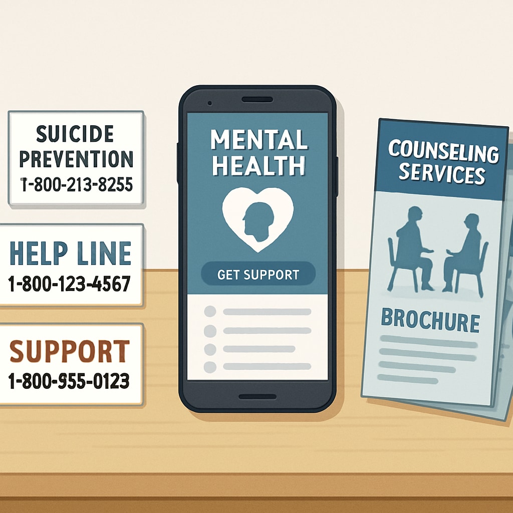 Table with mental health resources displayed for high school students during an assembly.