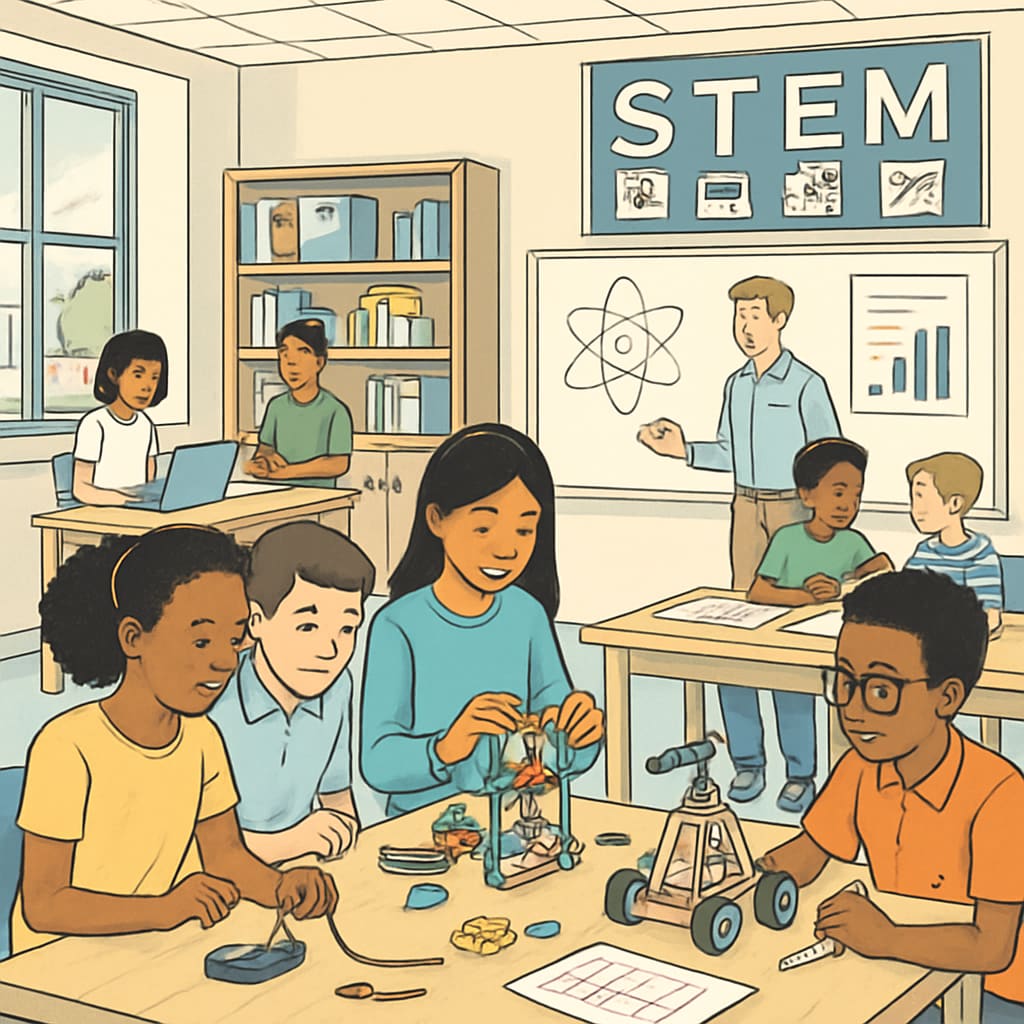 Students participating in a STEM activity in a public school, showcasing innovation to attract enrollment.