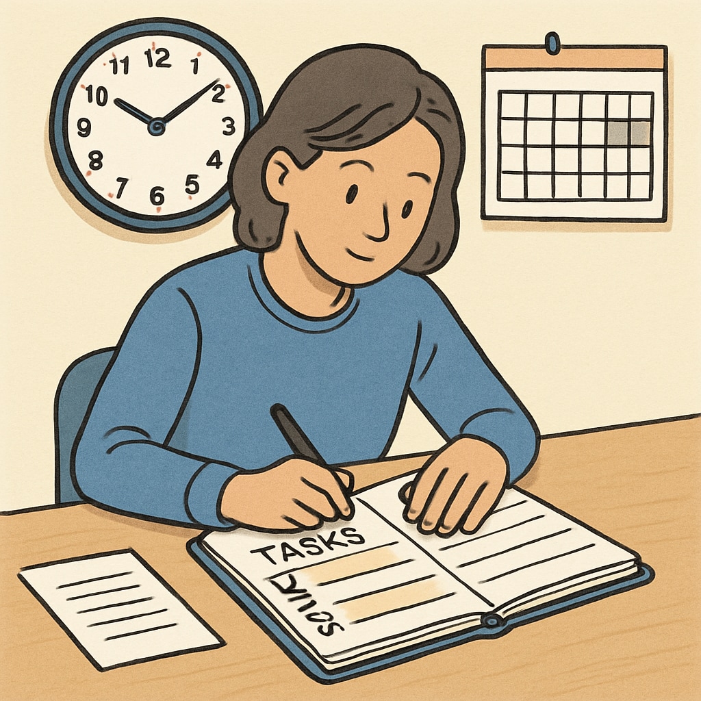 A student organizing tasks in a planner, with a clock and calendar emphasizing time management. A student learning time management skills by using a planner and time-tracking tools.