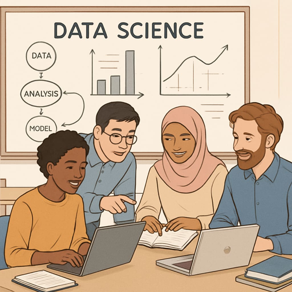International students discussing data science concepts in a classroom