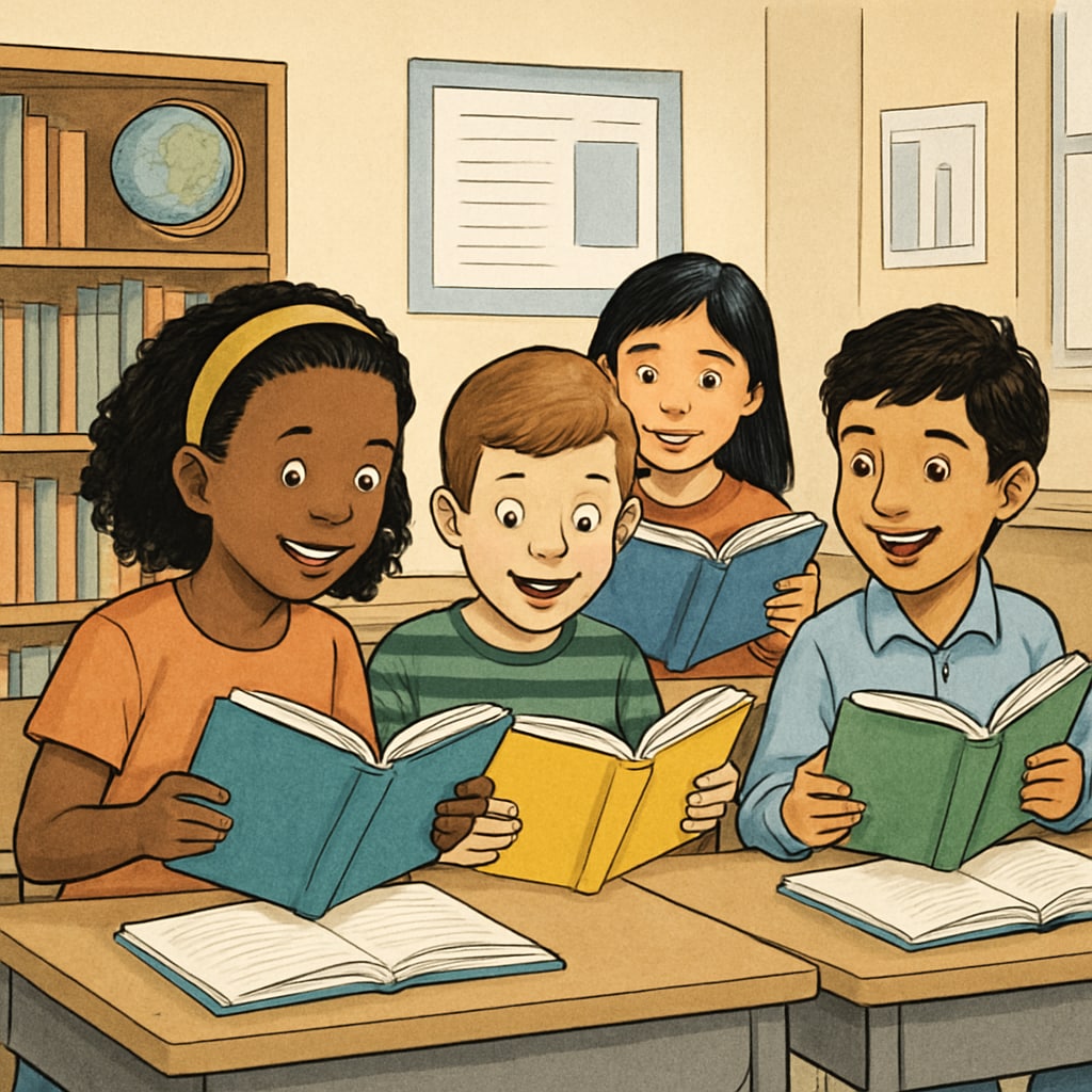 Elementary students enjoying books as part of free reading comprehension activities.