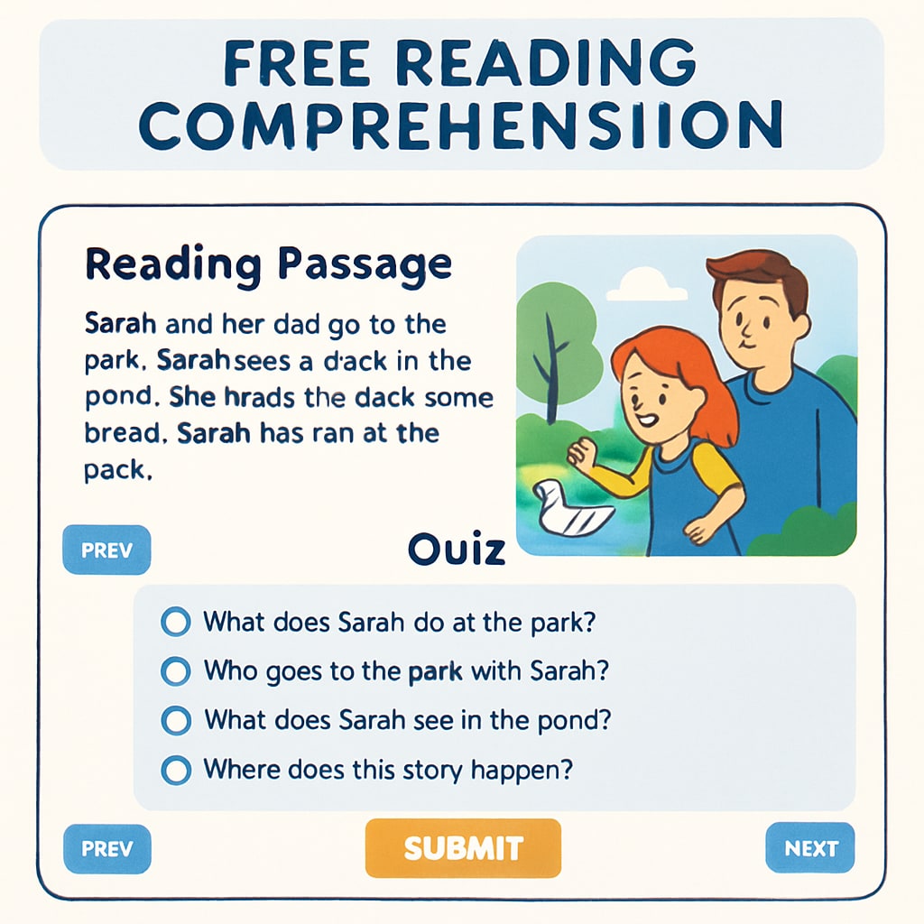 Example of free online tools for reading comprehension tests designed for kids.