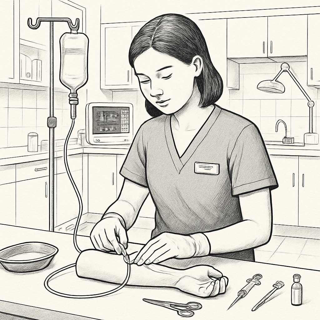 A university nursing student practicing clinical skills in a modern lab setting. This image illustrates the importance of hands-on learning in nursing education. Nursing student practicing clinical skills, emphasizing nursing education and EMT courses.