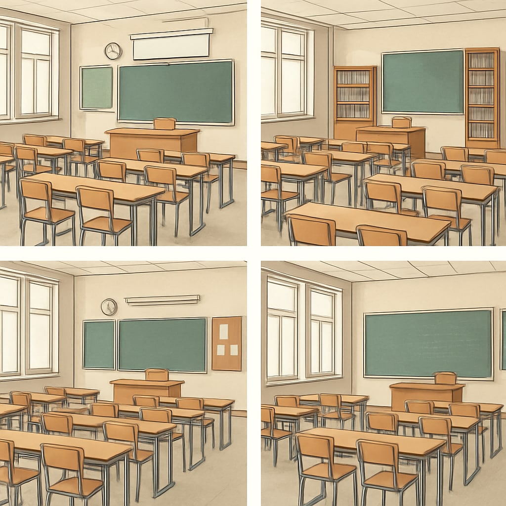 A group of empty classrooms, symbolizing the impact of teacher shortages and coordinated absences. Empty classrooms reflecting teacher shortages during Teacherless Tuesday events.