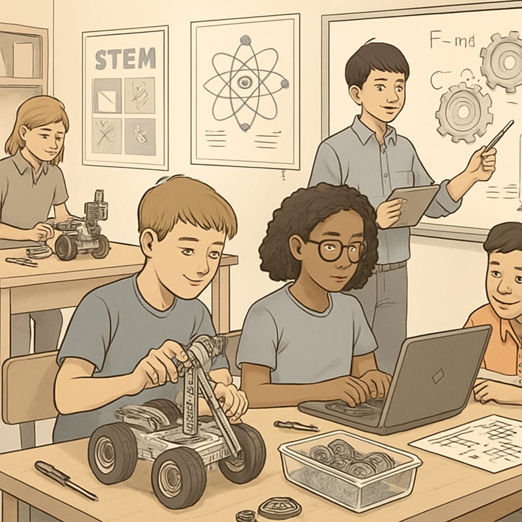 A STEM-focused classroom with students engaging in robotics and engineering projects. Students in a STEM classroom working on robotics projects, showcasing public school innovations.