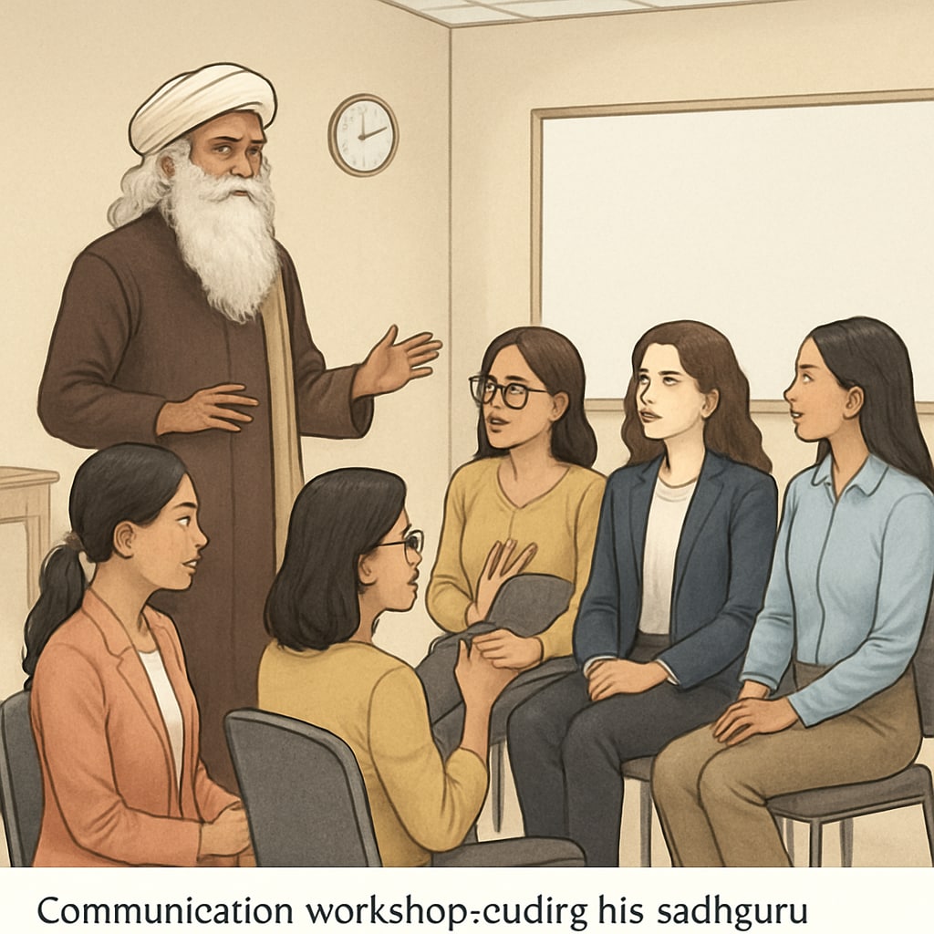 A group of women entrepreneurs engaging in a communication workshop led by Sadhguru. The image captures the energy and focus of participants as they practice reflective listening exercises. Women entrepreneurs practicing communication exercises in a workshop led by Sadhguru.