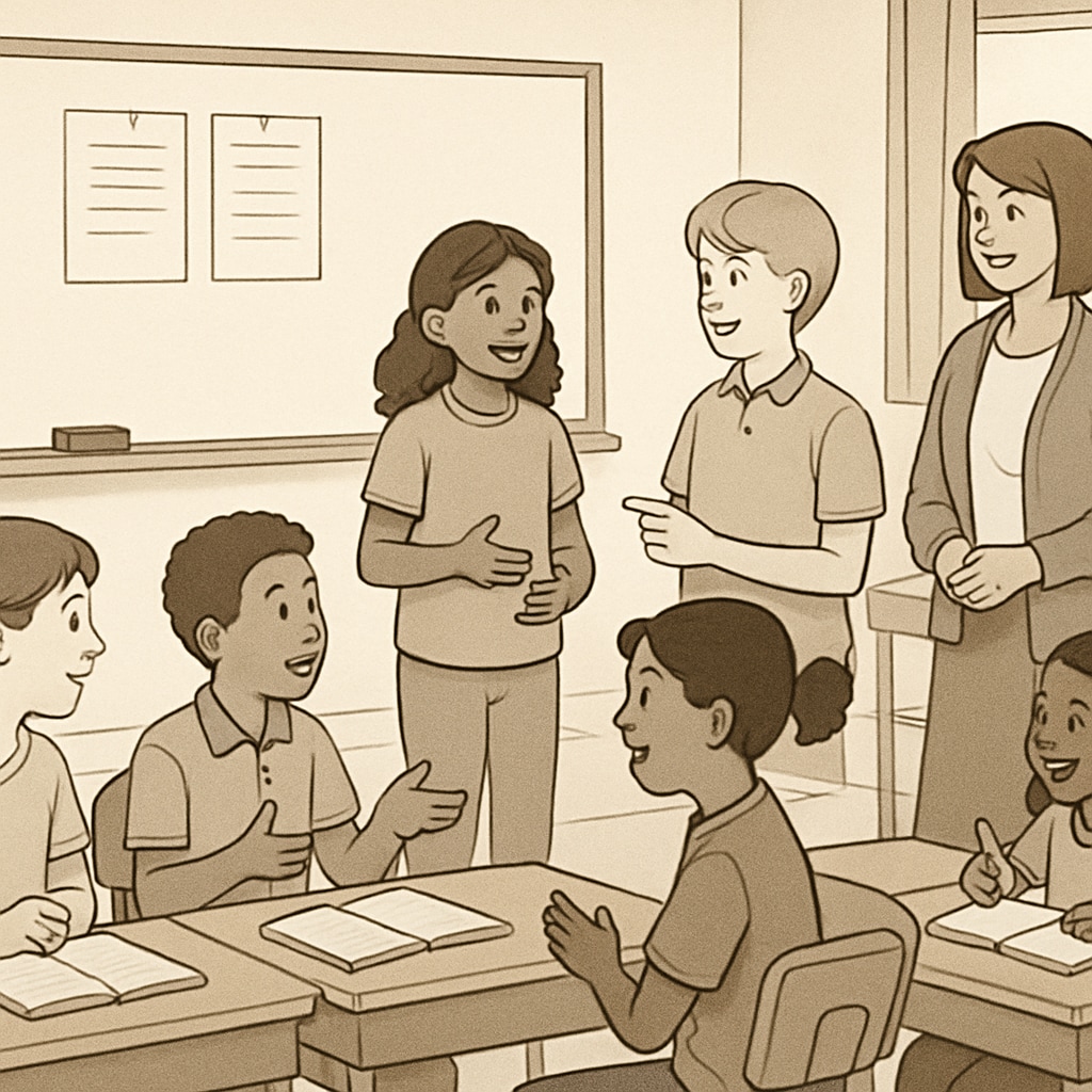 A classroom setting where K12 students are engaged in communication exercises, led by a teacher. Students are actively participating in group discussions and presentations. K12 students participating in communication exercises in a structured classroom environment.