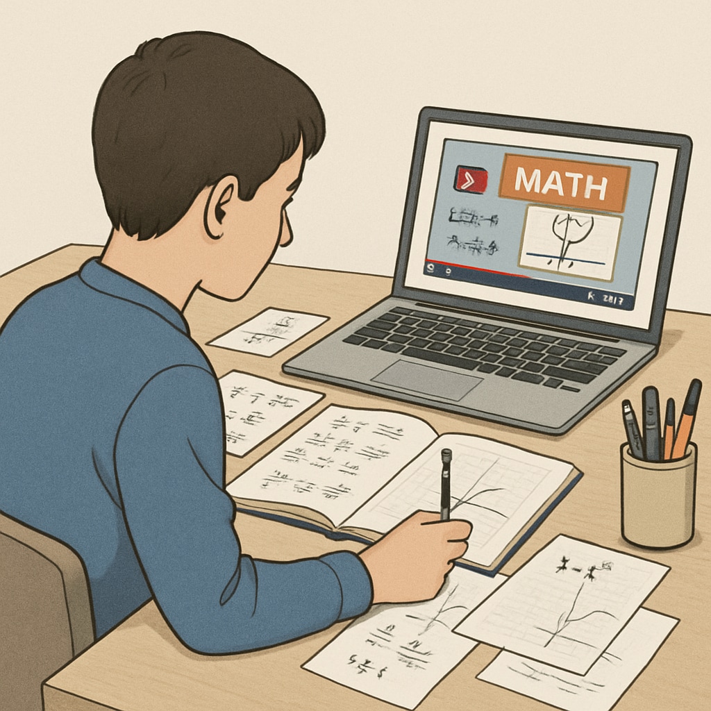 A student studying math with a laptop open to a YouTube channel, surrounded by notes and textbooks. Student preparing for campus recruitment math tests using YouTube resources.