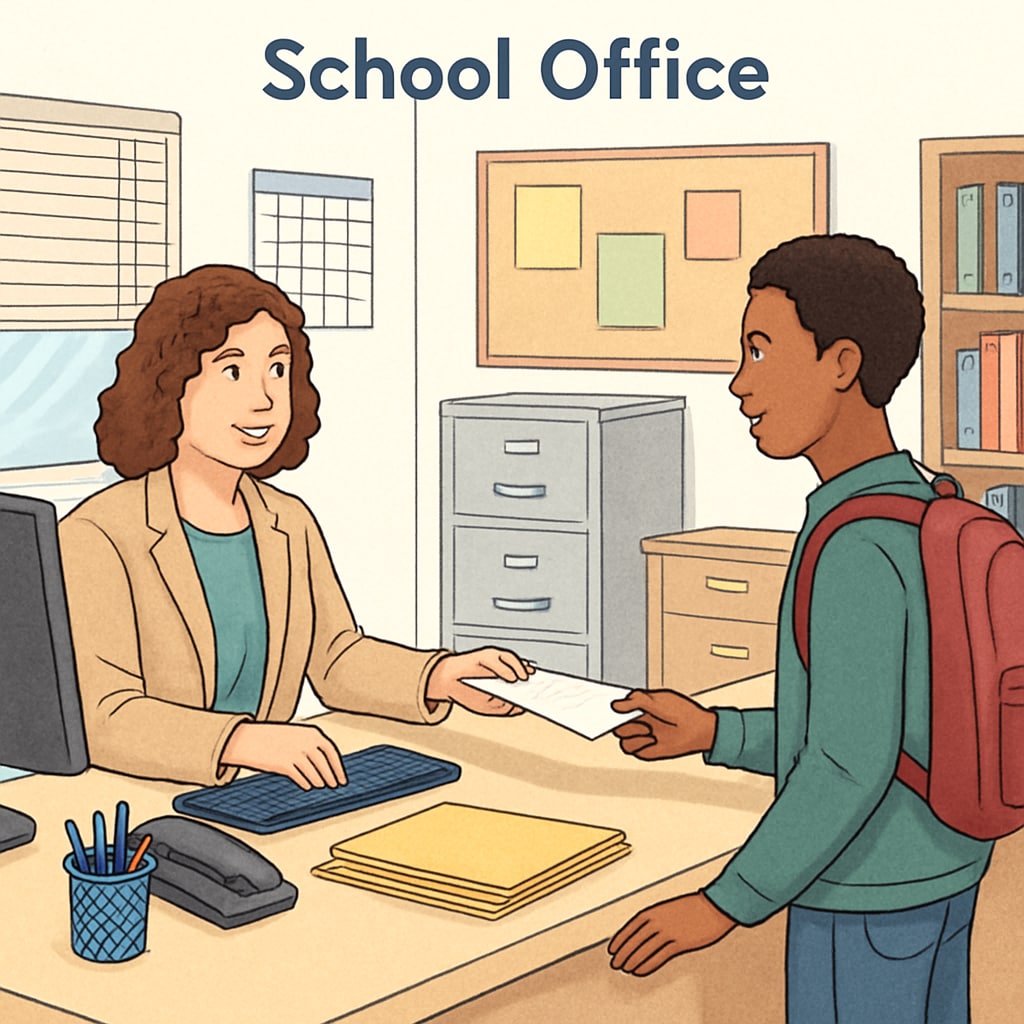 A school office administrator assisting a student at the front desk, showcasing the day-to-day responsibilities in administrative roles. School office administrator assisting a student