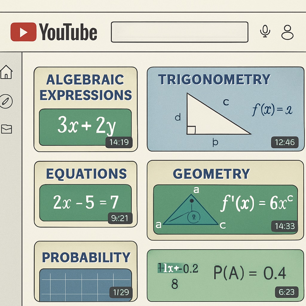 YouTube interface showing thumbnails of math tutorial videos with varying topics. YouTube math channels for recruitment test preparation.