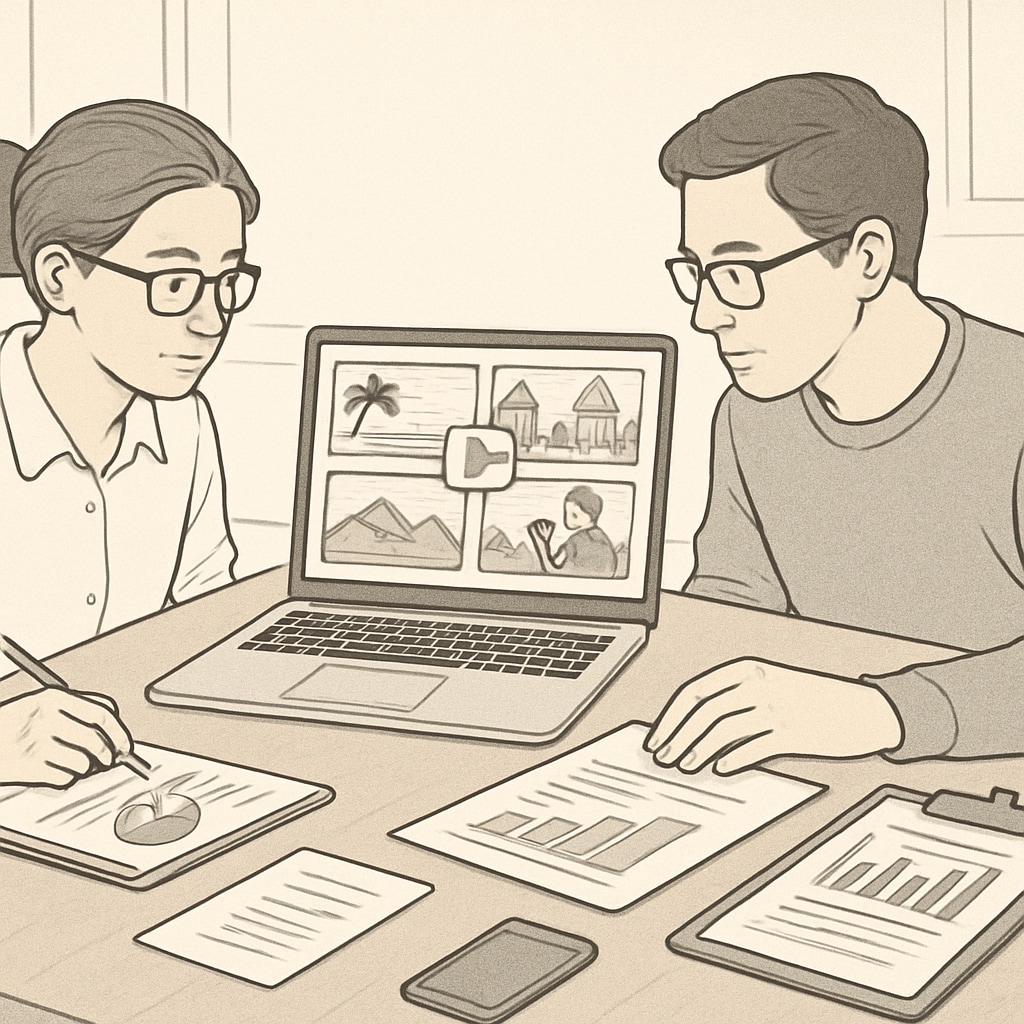 Researchers analyzing tourism short videos on a laptop screen in a collaborative workspace, focusing on data extraction for academic studies. Researchers using tourism short videos for data collection in master's thesis projects