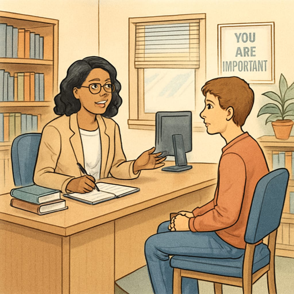 A school counselor having a one-on-one session with a student in a welcoming office, highlighting the supportive nature of this non-teaching role. School counselor in a session with a student