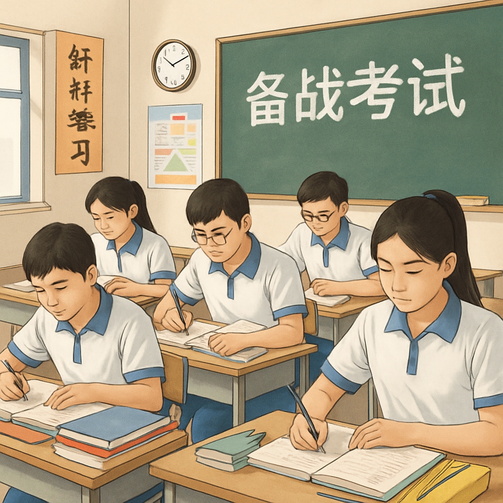 Students in a Chinese classroom focused on exam preparation, illustrating the emphasis on academic rigor and standardized testing. Chinese students in a classroom preparing for exams, reflecting exam-focused education systems.