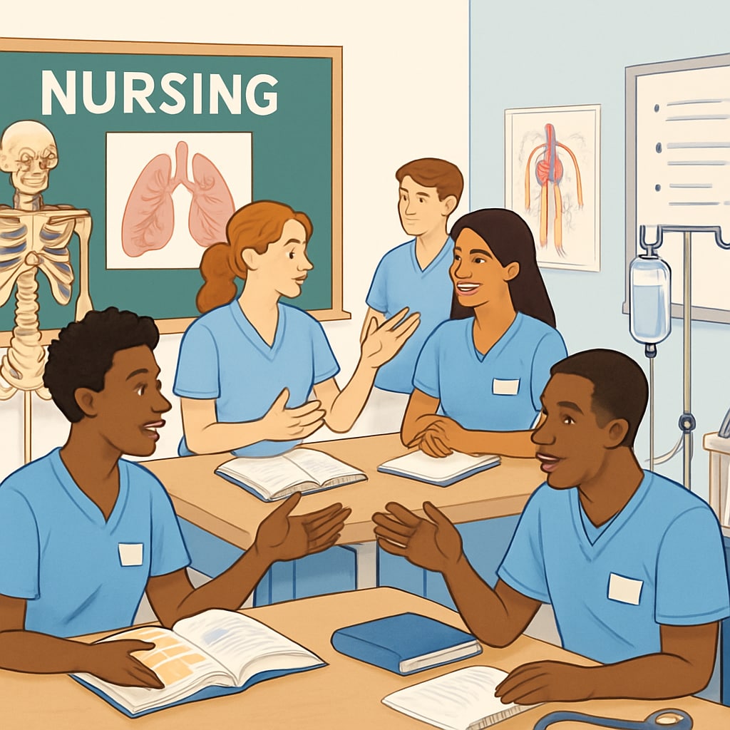 A vibrant nursing student classroom showcasing active discussions and clinical tools. Nursing students engaged in classroom discussions, with clinical tools in the background.