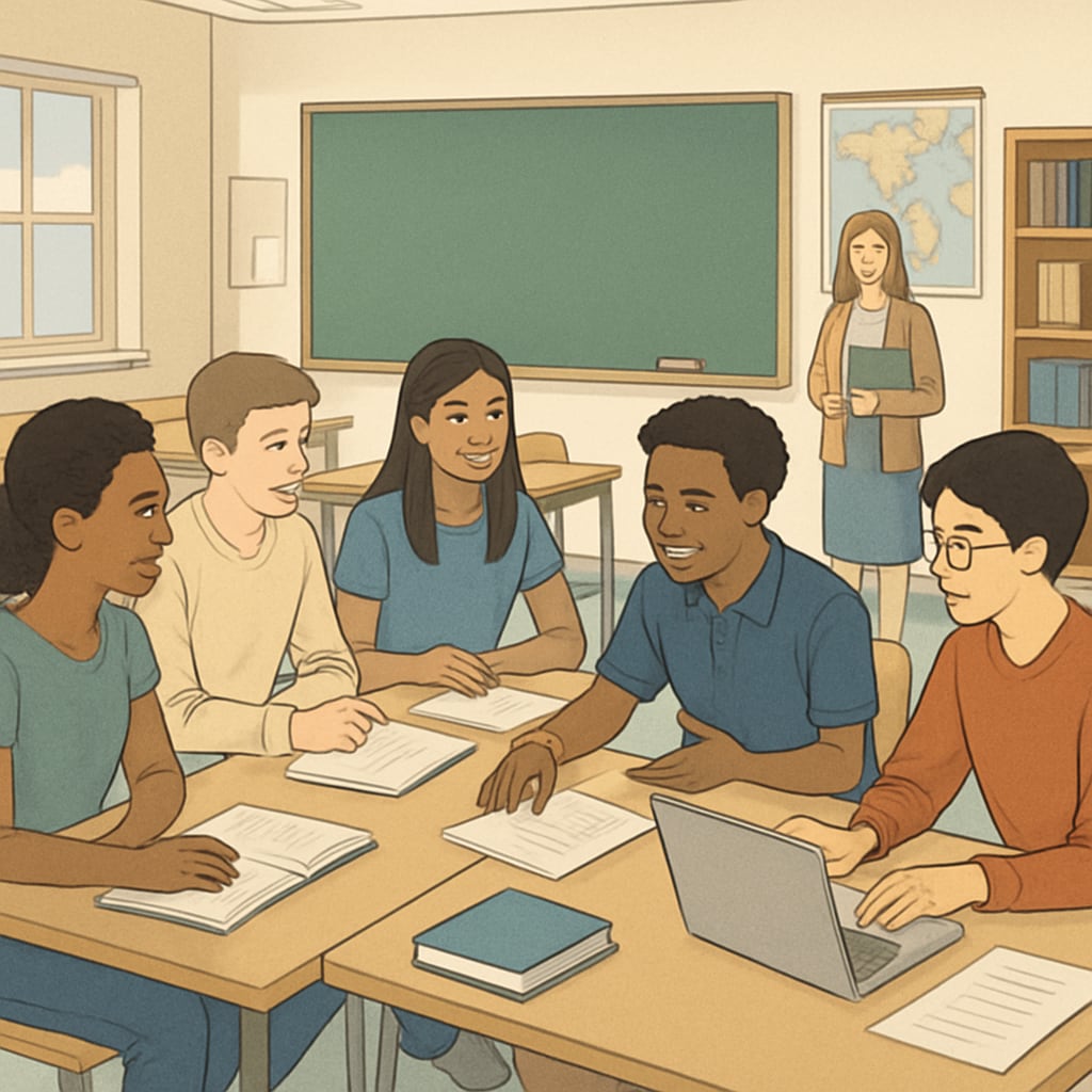 Students in an American classroom engaging in group discussions and project-based learning, showcasing a collaborative and inclusive approach. American students collaborating in a classroom, representing project-based and inclusive education methods.