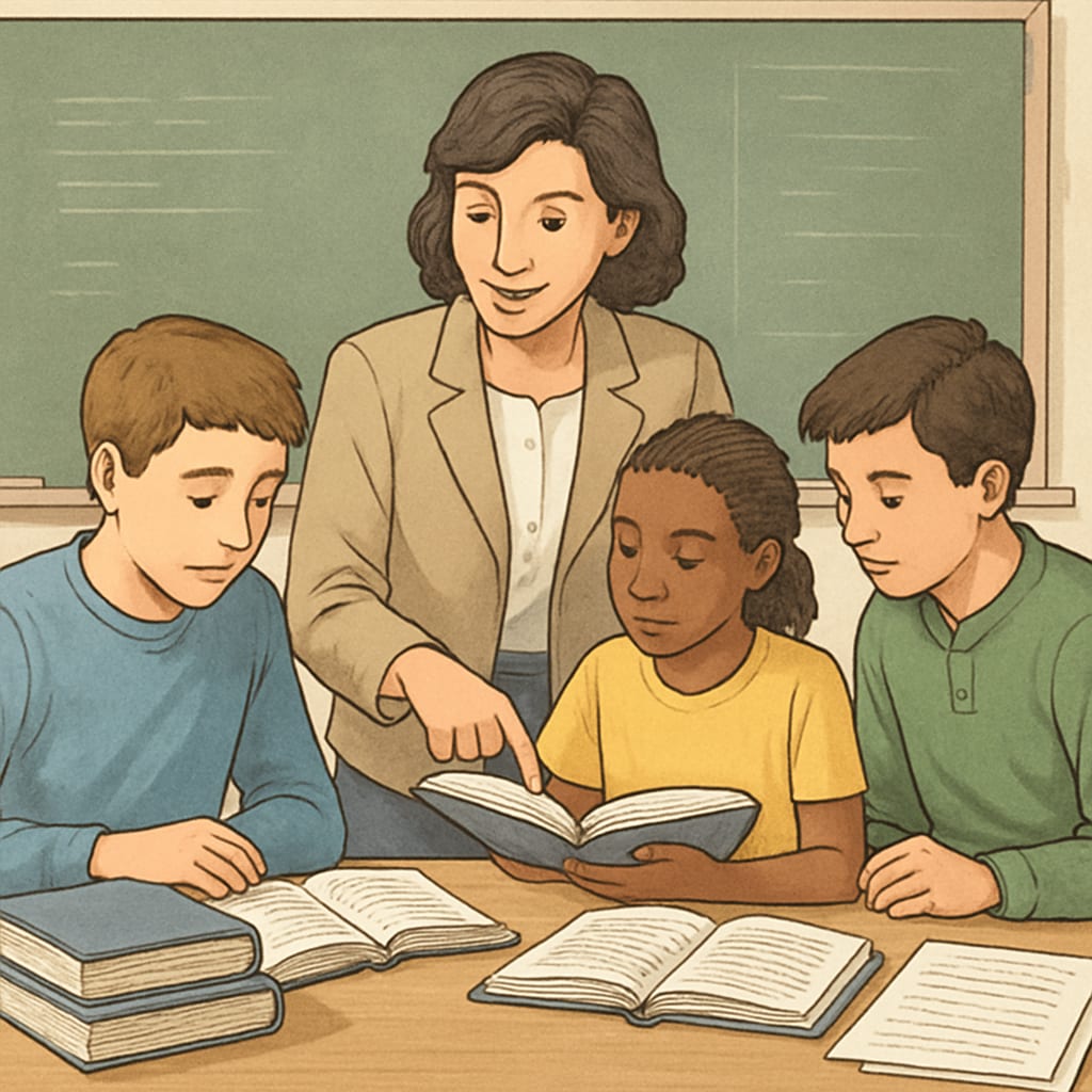 A teacher in a classroom setting, analyzing text materials with students. A teacher reviewing text materials with students to assess reading complexity.