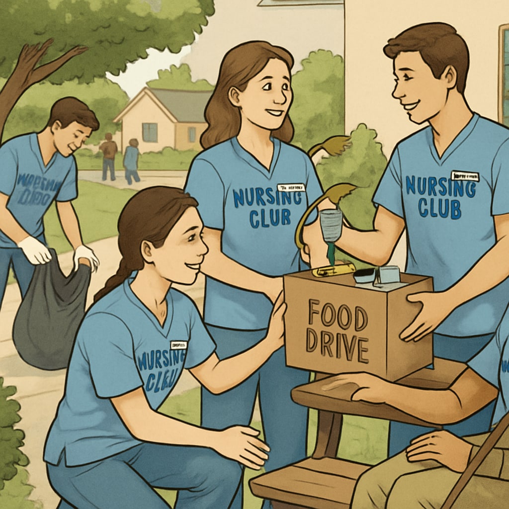 Students participating in a nursing club event, engaging in community service activities. Nursing students at a campus club event, involved in community service.