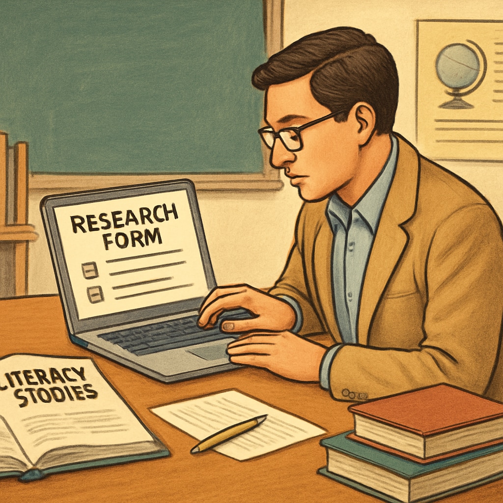 An educator reviewing a research form on a laptop, symbolizing participation in literacy studies. An educator completing a text complexity research form online.