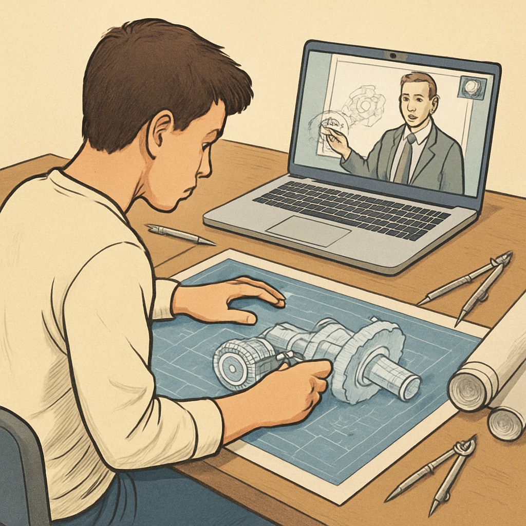 A student working on a mechanical design project while attending an online class, highlighting the balance between hands-on engineering and virtual learning. Mechanical engineering student balancing hands-on design work and online education.